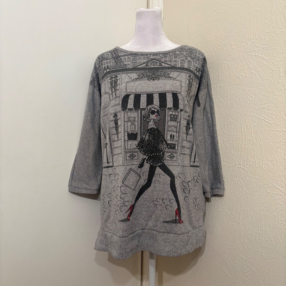 Love + Lace Gray Parisian Graphic Studded Knit Tunic Top Size M